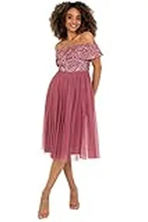 Maya Deluxe Dames Bardot Dresses Midi High Empire Waist Pailletten Embellished Formeel Evening for Wedding Guest Jurk voor bruidsmeisjes dames, , 40 NL