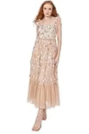 Maya Deluxe Dames Midaxi Jurk Dames Ruffel Korte Mouwen Vierkante Hals Sequin Versierd Geplooide Rug Frills A-lijn Bruiloft Guest 42, , 42