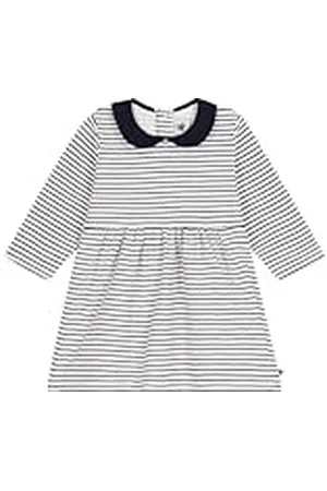Petit Bateau Babymeisje A096D jurk met lange mouwen, wit marshmallow/blauw smoking, 24 maanden, Wit marshmallow/blauw smoking, 24 Maanden