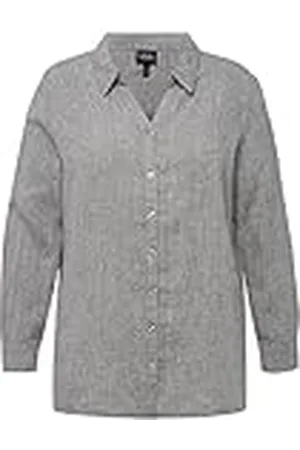 Ulla Popken Dames grote maten plus size blouse, linnen, open kraag, lange mouwen, lichtgrijs-melange 50+ 794882134-50+, , 50/52 NL