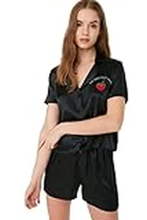 Trendyol Vrouwen met slogan knop gedetailleerde dunne geweven shirt-korte pyjama set, , 64