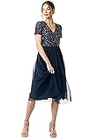 Maya Deluxe Dames Verfraaide Midi Avondjurk Dames V-hals met Korte Mouw voor Prom Bruiloft Bruidsmeisje, , 42