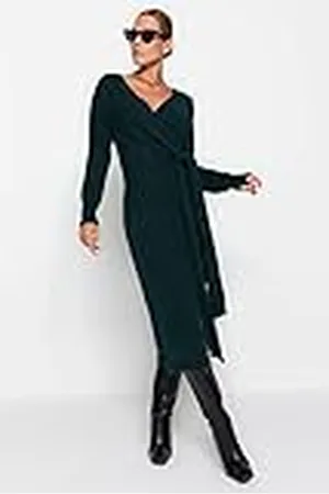 Trendyol FeMan double-breasted regular fit gebreide jurk, smaragd, M, , M