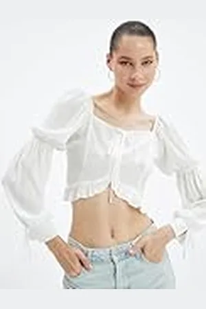 Koton Dames Puff Crop Ruffle U Neck Tie Detail Lange Mouwen Viscose Blouse Blouse, , 34