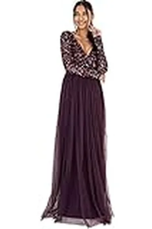 Maya Deluxe Damesjurk voor bruiloften, V-hals, hoge taille, maxi-jurk, lange avondjurk, bruidsmeisjesjurk, , 44