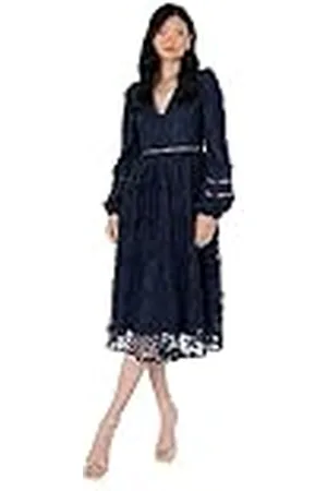 Maya Deluxe Midi Dress Dames Bloemen Geborduurd Lace Lange Mouwen V-hals voor Bruiloft Guest Bridesmaid Prom Gelegenheid Ball Gown, 10, Navy, , 38