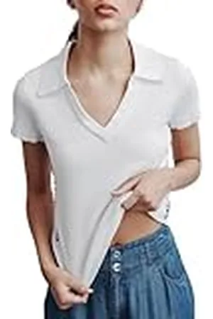 DKNY Dames Side Logo Rib V-hals Korte Mouw Polo, , XX-Small, , XXS