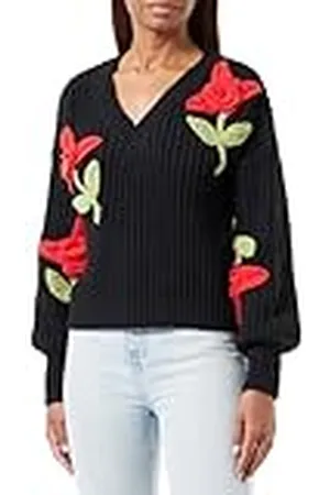 Faina Dames driedimensionale gebreide trui met V-hals en bloemenhaken maat XS/S pullover sweater, , XS