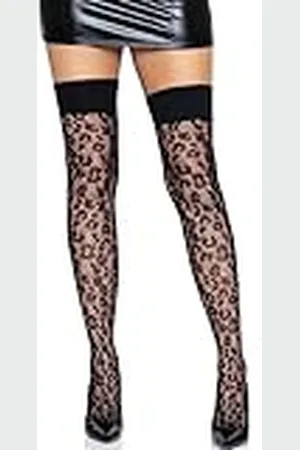 Leg Avenue Dames dijbeenkousen met luipaardpatroon, met brede band panty, zwart, eenheidsmaat, zwart, Eén Maat