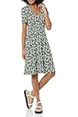 Amazon Dames korte mouw V-hals verzameld fit & flare jurk, , S