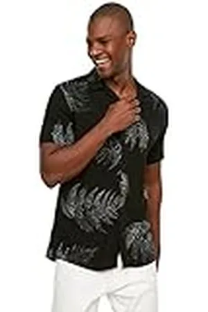 Trendyol Heren Black Male Regular Fit Apaş Collar Patterned Short Sleeve Dormed Shirt, M