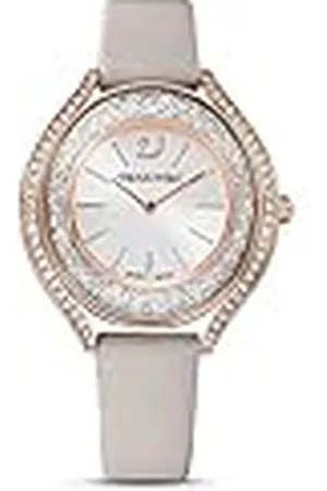 Swarovski Crystalline Aura horloge, Swiss Made, Lederen band, Grijs, Roségoudkleurige afwerking