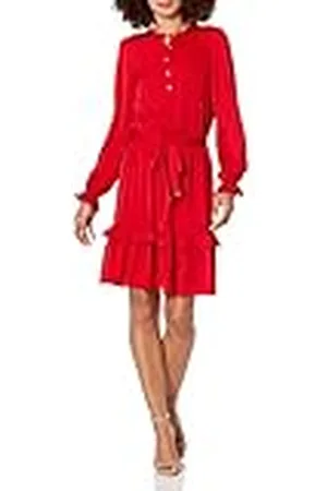 Tommy Hilfiger Damesjurk met lange mouwen en knoopsluiting en volant rok Fit & Flare, Scarlet, 10, , 38