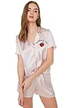 Trendyol Vrouwen met slogan knop gedetailleerde dunne geweven shirt-korte pyjama set, , 64