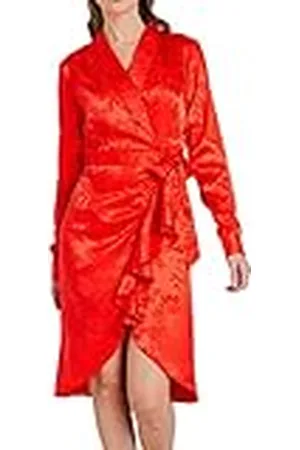 Pretty Darling Vrouwen rode jacquard satijnen wrap v-hals lange mouw stropdas up knie lengte cocktailjurk, 10, , 36