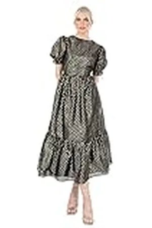 Lovedrobe Midaxi-jurk voor dames, ronde hals, korte pofmouwen, metallic, zigzag-rug, A-lijn, voor feest, avondgelegenheid, , 36
