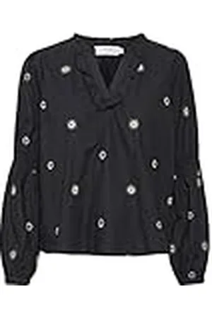 Cream Damesblouse geborduurd V-hals Frill Details, Pitch Black, 34