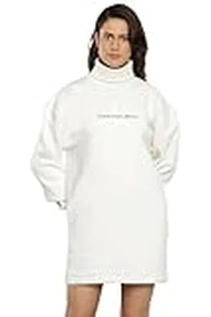 Calvin Klein Jeans Dames Monologo Roll Neck Jurk Sweater, Wit, XL