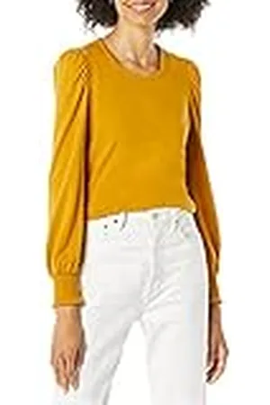Amazon Dames T-shirt met lange mouwen en ronde hals gesmokt manchet, tabaksbruin, medium