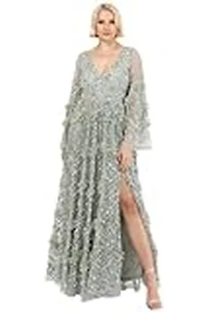 Maya Deluxe Maxi-jurk voor dames, V-hals, pailletten, ruches, Empire-taille, split, voor bal, bruidsmeisje, bruiloftsgast, , 52