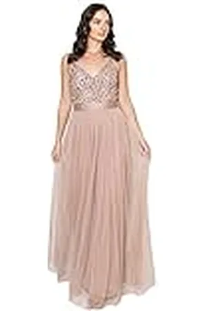 Maya Deluxe Maxi-jurk voor dames, lange lengte, bruiloftsgast, bruidsmeisje, gala, zomer, avondjurk, V-hals, bandjes, vlinderdas, , 48