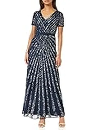 Maya Deluxe Maxi dames verfraaid pailletten jurk lange korte mouw V-hals hoge Empire taille een cut glanzend prom bruiloft bruidsmeisje, , 44