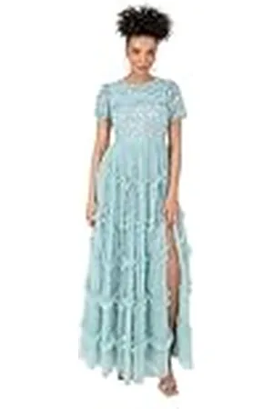 Maya Deluxe Maxi-jurk voor dames, ronde hals, korte pofmouwen, pailletten, versierd met ruches, A-lijn, bruidsmeisje, baljurk, turquoise, 12, , 38