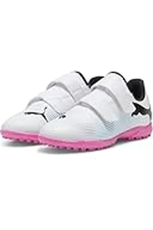 PUMA Future 7 Play TT V JR Voetbalschoen, Wit Zwart-Poison Roze, 10 UK, White Black Poison Pink, 28 EU