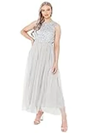 Maya Deluxe Vrouwen Midaxi Jurk Dames Mouwloze Pailletten Hoge Empire Taille Tule Versierd voor Bruiloft Gast Bal Bruidsmeisje, , 42