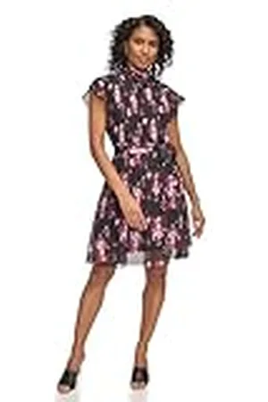 DKNY Dames Flutter Sleeve Mock Neck Dress, Black/Maroon, 8, , 40