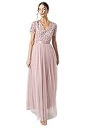 Maya Deluxe Maxi-jurk, bruidsmeisjesjurk, gestreept, korte mouwen, nevel, groen, damesjurk, roze satijn., 38 NL