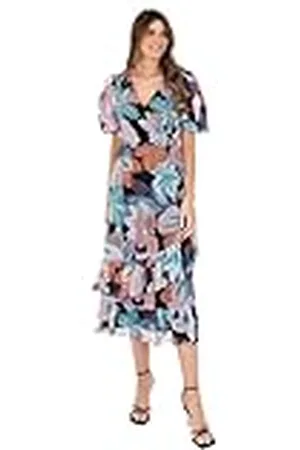 Lovedrobe Midaxi-jurk voor dames met V-hals, korte mouwen, gelaagde ruches, bloemenprint, elastische tailleband, A-lijn, casual, , 52