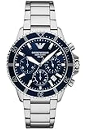 Emporio Armani Horloge voor heren, chronograaf uurwerk en 46mm kastmaat met roestvrij staal, lederen of siliconen bandBlauw en zilverBlauw en zilver