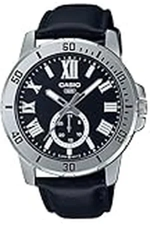 Casio Heren horloge analoge zwarte wijzerplaat lederen band MTP-VD200L-1BUDF, , riem, , riem