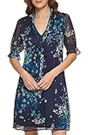 DKNY Fit & Flare jurk met korte mouwen voor dames, Middernacht Bloemen, 4