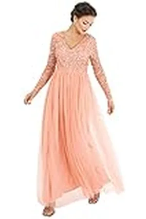 Maya Deluxe Damesjurk met mouwen voor bruiloftsgast, V-hals, hoge empire-taille, maxi, lange lengte, avondfeest, bruidsmeisje, gala, , 44