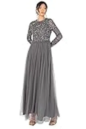 Maya Deluxe Maxi-jurk voor dames, ronde hals, lange mouwen, pailletten, versierd met tule ruches, voor bruiloft, gast, bruidsmeisje, baljurk, , 34