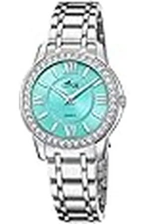 Lotus Dameshorloge van roestvrij staal in de kleur zilver-turquoise met glazen stenen 33 mm, waterdichtheid: 5bar, 18887/3
