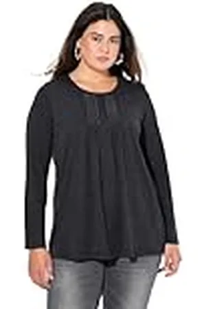 Ulla Popken Dames grote maten plus size shirt, plooien, parels, A-lijn, lange mouwen, , 62-64