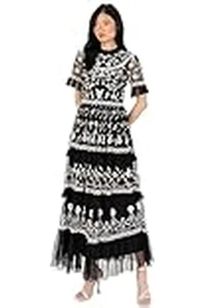 Maya Deluxe Midi-jurk voor dames, ruches en ruches met bloemenborduursels, gelaagde baljurk voor bruiloft, gast, gala, avondgelegenheid, , 42