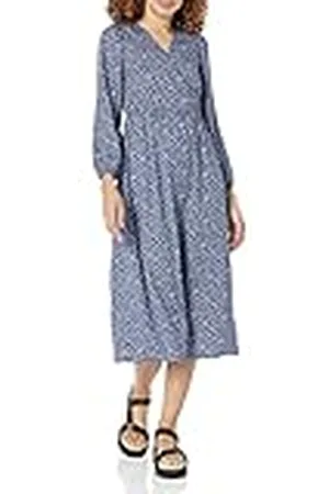 Amazon Dames lichtgewicht Georgette lange mouwen V-hals midi-jurk (verkrijgbaar in grote maten), blauw Ditsy bloemen, M