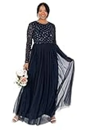Maya Deluxe Dames Dames Dames Maxi Lange Mouwen Ronde Hals Pailletten Versierd Tule Bloemen A-lijn voor Gelegenheid Prom Ball Gown Jurk, , 46
