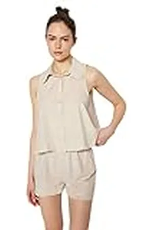 Trendyol Dames effen ruches gedetailleerde geweven shirt-korte pyjamaset, rock, 34, , 60
