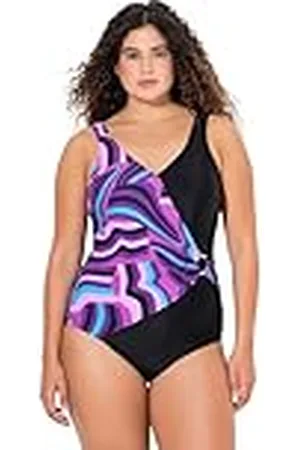 Ulla Popken Dames grote maten plus size badpak, Alina, plooien en ringdetail, , 46