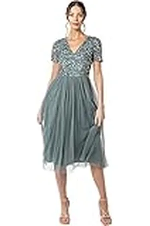 Maya Deluxe V-neklijn Midi Dress bruidsmeisjesjurk voor dames, Misty Groen, 54 NL