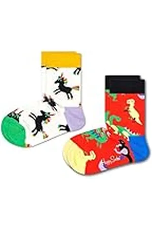 Happy Socks Kids Dinosaur Sock, Kleurrijke en Leuke, Sokken voor kinderen, Rood 2 paar (7-9Y)