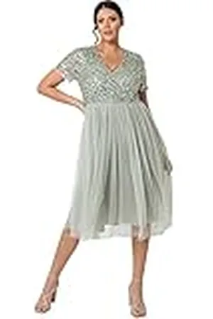 Maya Deluxe Vrouwen verfraaide midi avondjurk dames v-hals met korte mouw voor prom bruiloft bruidsmeisje, , 36