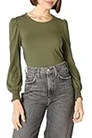 Amazon Dames T-shirt met lange mouwen en ronde hals, gesmokt manchet, , XS
