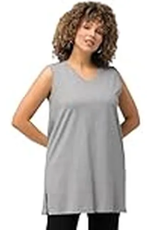 Ulla Popken Basic top voor dames, V-hals, relaxte T-shirts, Hellgrau Meliert, XL