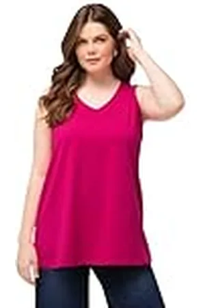 Ulla Popken Top, A-lijn, V-hals, mouwloos T-shirt voor dames, Hot Pink, Fuchsia, 58/60 NL